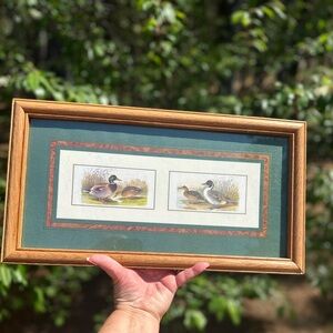 Vintage Framed Duck Print Artwork in Green and Gold Matting